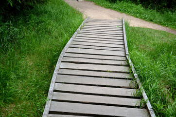 wooden walkway in a nature reserve in a spruce forest in the mountains over a waterlogged peat bog,...