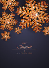Christmas background with Shining gold Snowflakes. Merry Christmas card vector Illustration