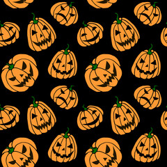 Seamless pattern with pumpkins, Jack lanterns. Vector backgrounds and textures for Halloween. Hand drawn illustration in flat doodle style, isolated
