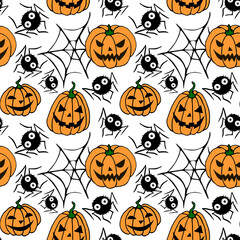 Seamless pattern with pumpkins, Jack lanterns, cute spiders, cobwebs. Vector backgrounds and textures for Halloween. Hand drawn illustration in flat doodle style, isolated