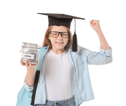 Happy Girl With Savings For Education On White Background