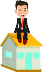 Business man sitting on the roof of a house salesman agent real estate business success