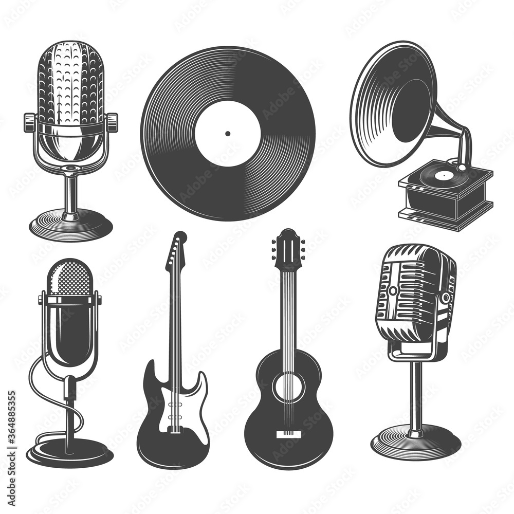 Wall mural set of illustrations of retro microphone, guitars, gramophone. design element for logo, label, sign,