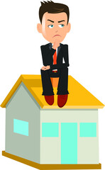 Businessman agent salesman thinking deeply sitting on the roof of a house real estate business buy sale