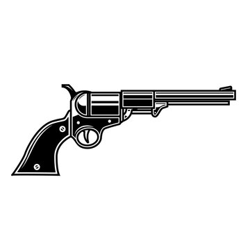 Illustration of retro cowboy revolver. Design element for logo, emblem, sign, poster, card, banner. Vector illustration
