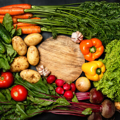 Frame made of fresh assorted vegetables on dark black background around wooden cutting board