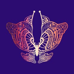 Silhouettes of the beautiful butterfly. Zentangle for tattoo in boho, hipster style. Ornamental tribal illustration for adult anti stress coloring pages.