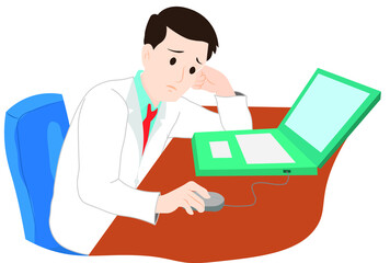colored artwork of a man doctor student scientist researcher with lab coat working on a laptop thinking worried hopeless