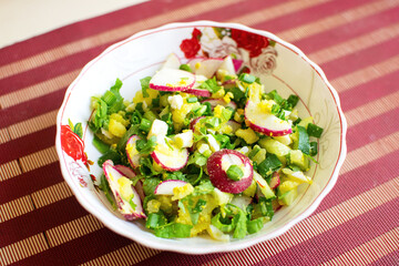 Spring salad with radishes, eggs, green onion and sprouts. Healthy salad