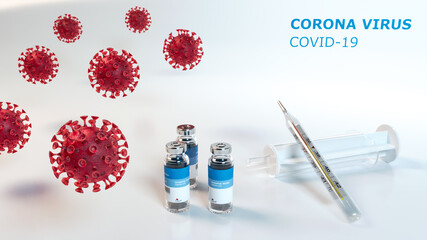 Dangerous coronavirus Covid-19 virus in a laboratory -2019-nCoV Medical Vaccine Syringe and thermometer to measure temperature