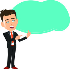 Cute Happy joyful businessman manager ceo employee worker salesman indicating pointing presenting showing something blank empty speech bubble banner template