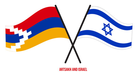 Artsakh and Israel Flags Crossed And Waving Flat Style. Official Proportion. Correct Colors.