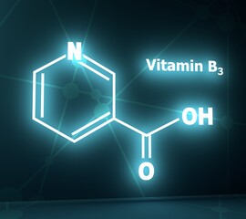 Structural chemical formula of niacin. Nicotinic acid or vitamin b3. Connected lines with dots background. 3D rendering. Neon shine