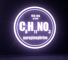 Chemical formula of hormone noradrenaline or norepinephrine. Infographics illustration. 3D rendering. Neon shine