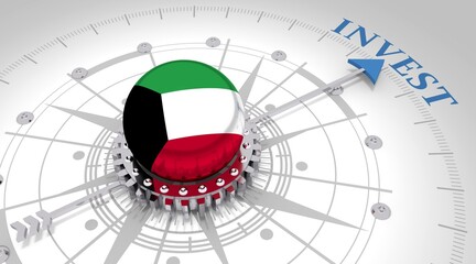 Business concept. Abstract compass points to the invest word. Flag of the Kuwait. 3D rendering