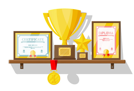 Trophy And Awards Collection On Wooden Shelf. Diploma And Certificate In Frames. Competition Prizes, Cups And Medals. Award, Victory, Goal, Champion Achievement. Vector Illustration In Flat Style