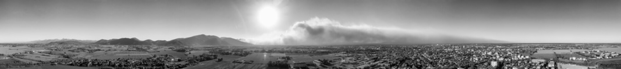 Aerial view of countryside with Arson. Smoke towards the sky, view from drone