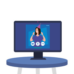 woman with party hat at computer on table design, Happy birthday and video chat theme Vector illustration