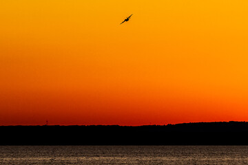 Airplane in front of sunset over the ocean 