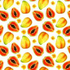 Seamless pattern tropical papaya fruits, whole and cutaway. Bright watercolor illustration in red and yellow colors for decoration, fabrics, covers and clothes.