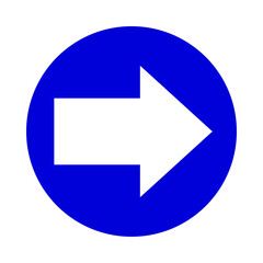 white arrow pointing right in circle blue for icon flat isolated on white, circle with arrow for button interface app, arrow sign of next or download upload concept, arrow simple symbol for direction