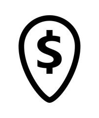 dollar currency symbol in pin point for icon, dollar money black icon, dollar money symbol in pointer pin shape, dollar currency coin for button info graphics flat simple, isolated on white