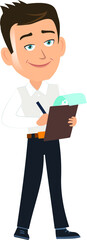 Happy businessman salesman manager person standing writing something on a notepad task list paper
