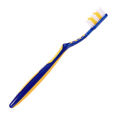 Blue and yellow plastic toothbrush, dental care. Isolated on white background.
