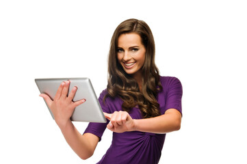Portrait of a smiling beautiful woman holding tablet computer isolated on a white background. Looking at camera.