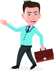 Happy Joyful Businessman salesman worker manager ceo running walking rapidly with a briefcase bag