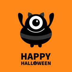 Happy Halloween. Monster silhouette. Cute cartoon kawaii sad character icon. Ears, one eye, hands. Funny baby collection. Black color. Flat design. Orange background. Isolated.