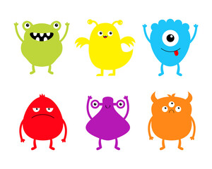Happy Halloween. Monster set. Cute kawaii cartoon character icon. Funny baby collection. Eyes, horns, hands up, tongue. Colorful silhouette. White background. Isolated. Flat design.