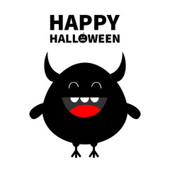 Monster silhouette. Happy Halloween. Cute cartoon kawaii sad character icon. Horns, eyes, hands. Funny baby collection. Black color. Flat design. White background. Isolated.