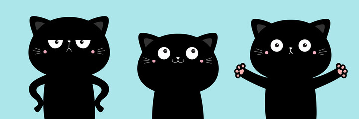 Cute cat set. Funny kitten kitty giving a hug, angry. Kawaii cartoon character. Black icon. Happy Valentines Day. Baby greeting card tshirt notebook cover print. Blue background. Flat design.