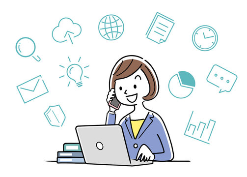 Vector illustration material: female business person making a phone call while working on a personal computer