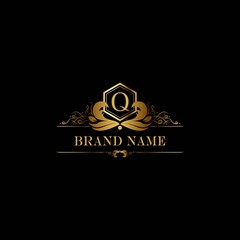 Q premium luxury gold monogram logo. Q letter logo. Q monogram luxury gold logo.