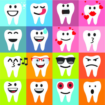Set Cute Tooth Emoji Emoticons
