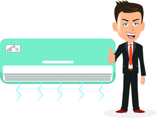 Man salesman businessman user customer giving thumbs up in front of air conditioner ac