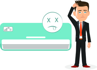 Man salesman businessman user customer thinking worried air conditioner ac not working malfunctioning damaged