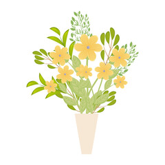 yellow flowers with leaves inside vase design, natural floral nature plant ornament garden decoration and botany theme Vector illustration