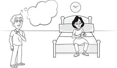 Man thinking woman wife using tablet mobile sitting on a bed
