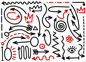 Vector doodle arrow, sketch hand drawn line. Set graphic icon. Pencil, pen outline. Curve direction cartoon design black red element on white background. Flower, crown, eye, circle shape, simple art