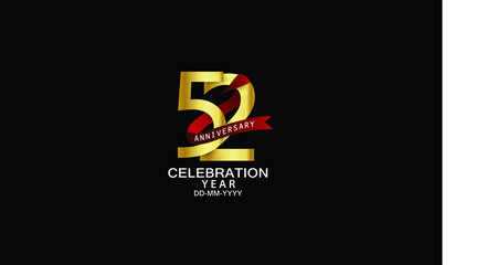 52 year anniversary red ribbon celebration logotype. anniversary logo with Red text and Spark light gold color isolated on black background, design for celebration, invitation - vector