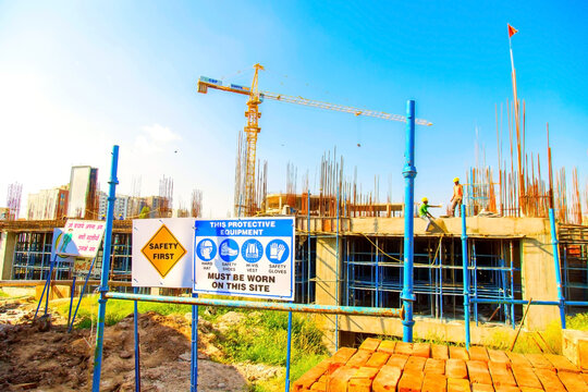 Delhi, India - October 2018 : clear view of a new constructing building in delhi