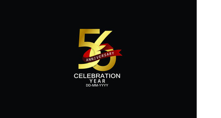 56 year anniversary red ribbon celebration logotype. anniversary logo with Red text and Spark light gold color isolated on black background, design for celebration, invitation - vector