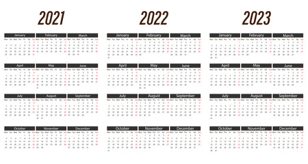 2021, 2022, 2023 calendar, week Monday. Vector illustration, flat design.