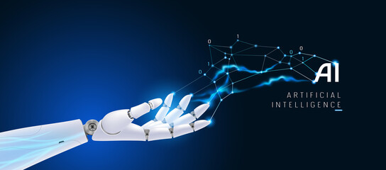 Robot or cyborg hand controls big data information vector abstract background