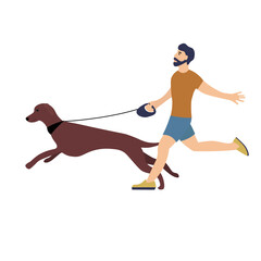 Man with him dog running in park. Owner walk with pet. Greyhaund pull leash. Pet care concept. Vector illystration in flat style