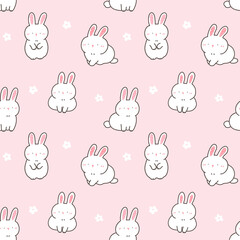 Seamless Pattern of Cartoon Rabbit and Flower Design on Light Pink Background
