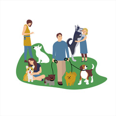 set of people walking with dogs different breeds. Man, woman and children with pet play in park. Collection cartoon character with pets outdoor. Vector illustration in flat style